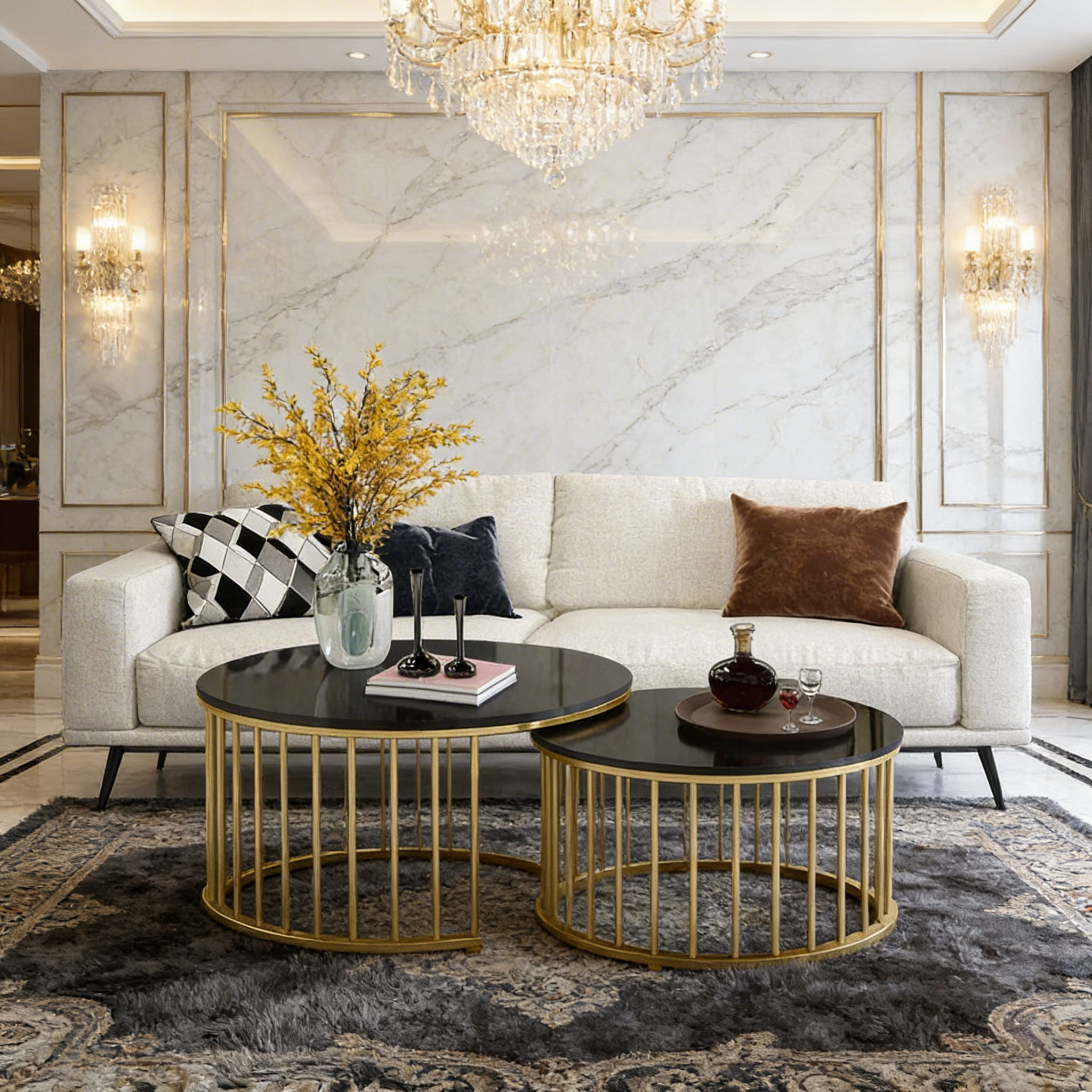 Premium Golden Caged with Black Marble Table Set of 2