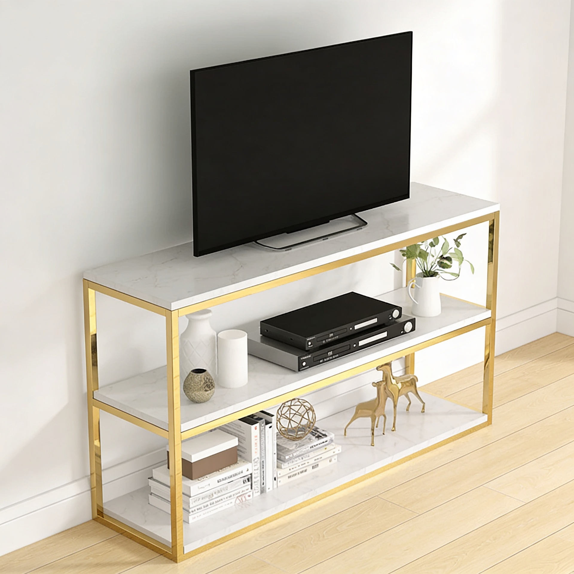 3-Tier White Marble Console Table with Golden Finish