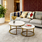 Classic White with Golden Metallic Finish Round Coffee Table Set of 2