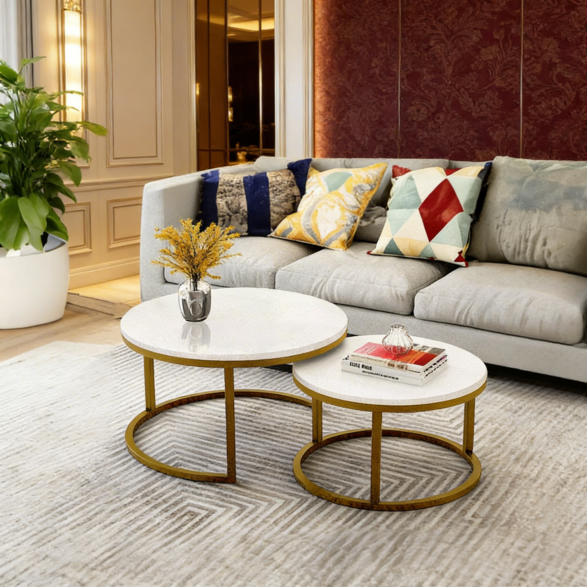 Classic White with Golden Metallic Finish Round Coffee Table Set of 2