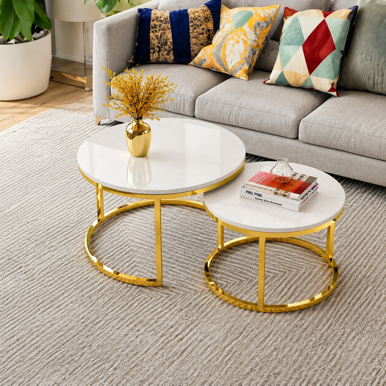 Premium Stainless Steel PVD Center Table Set of 2 with White Marble Tops and Golden Circular Frames