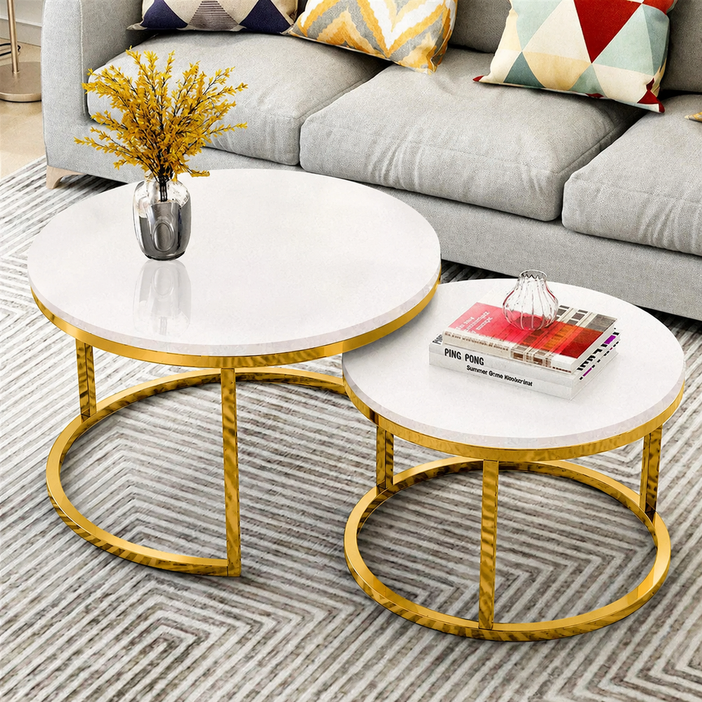 Premium Stainless Steel PVD Center Table Set of 2 with White Marble Tops and Golden Circular Frames