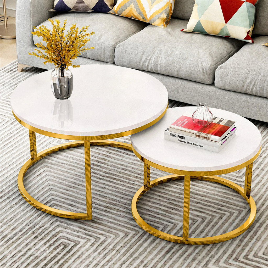 Premium Stainless Steel PVD Center Table Set of 2 with White Marble Tops and Golden Circular Frames