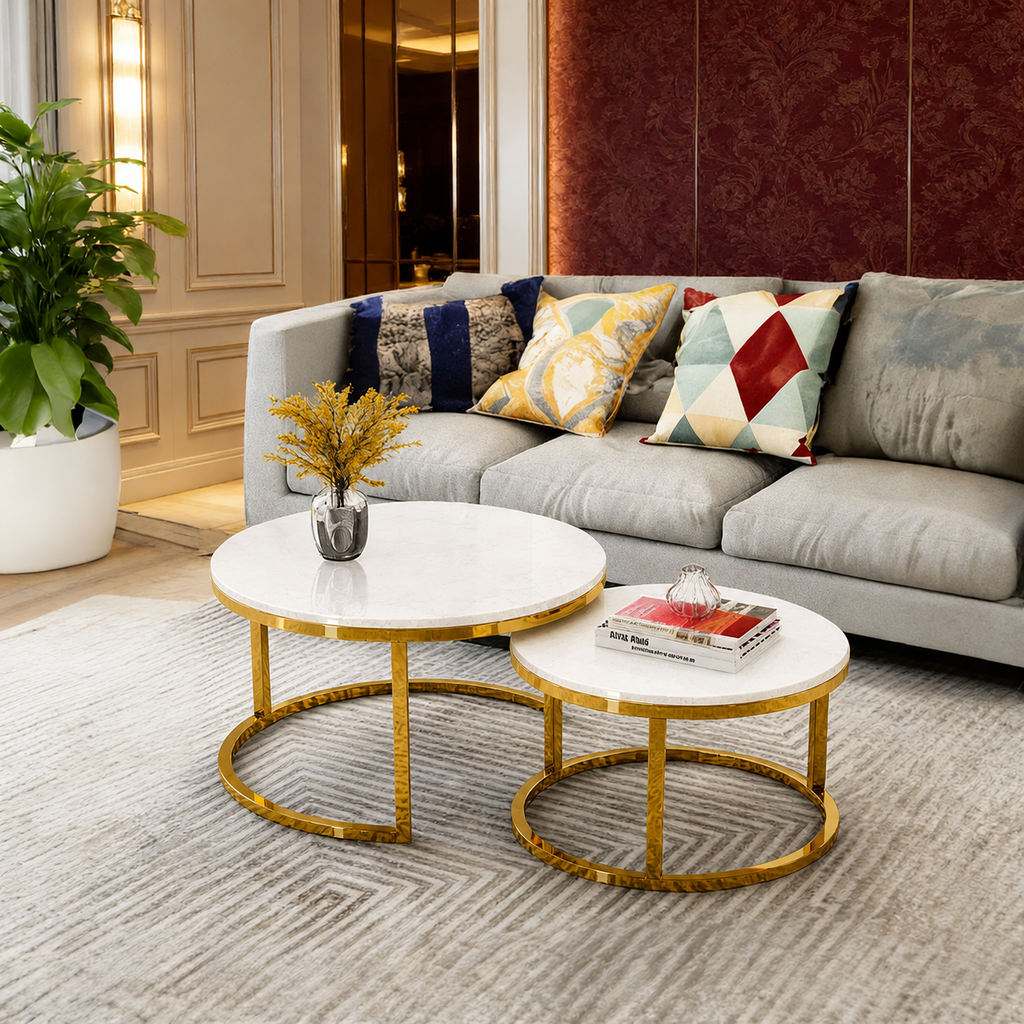 Premium Stainless Steel PVD Center Table Set of 2 with White Marble Tops and Golden Circular Frames