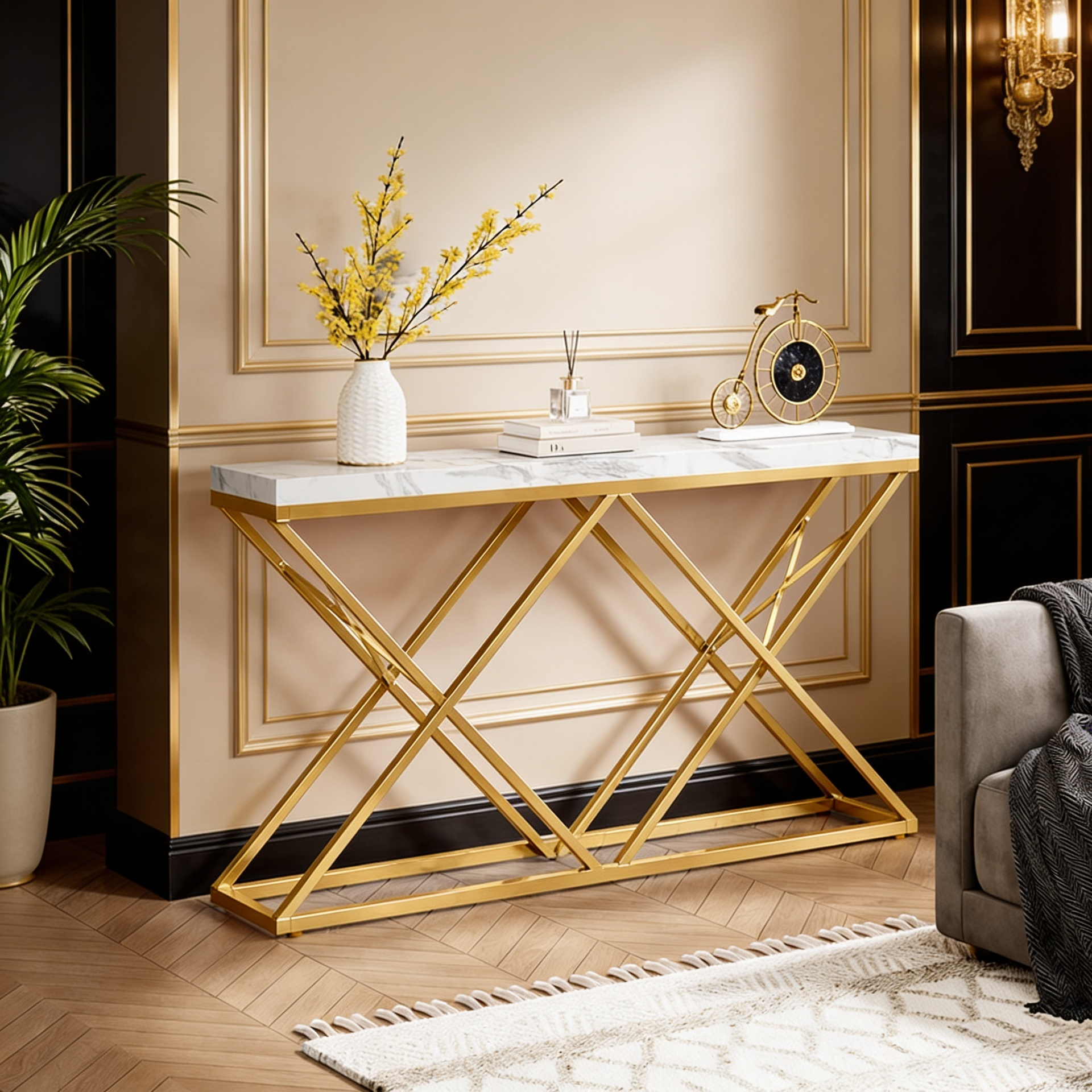 Golden Criss Cross Pattern Rectangular Shaped Designer Console Table