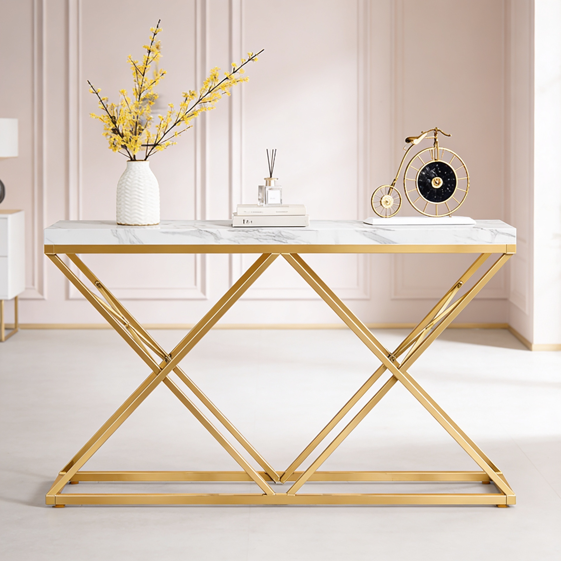 Golden Criss Cross Pattern Rectangular Shaped Designer Console Table