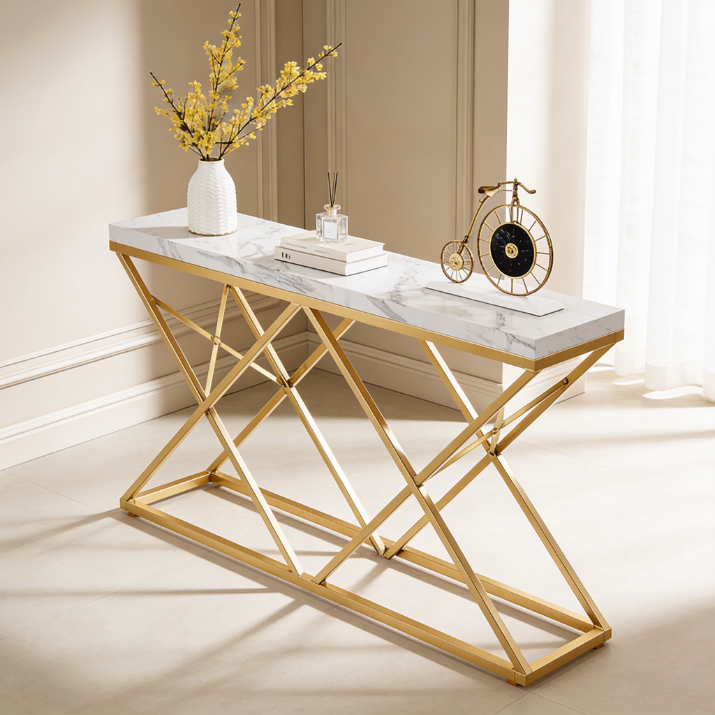 Golden Criss Cross Pattern Rectangular Shaped Designer Console Table