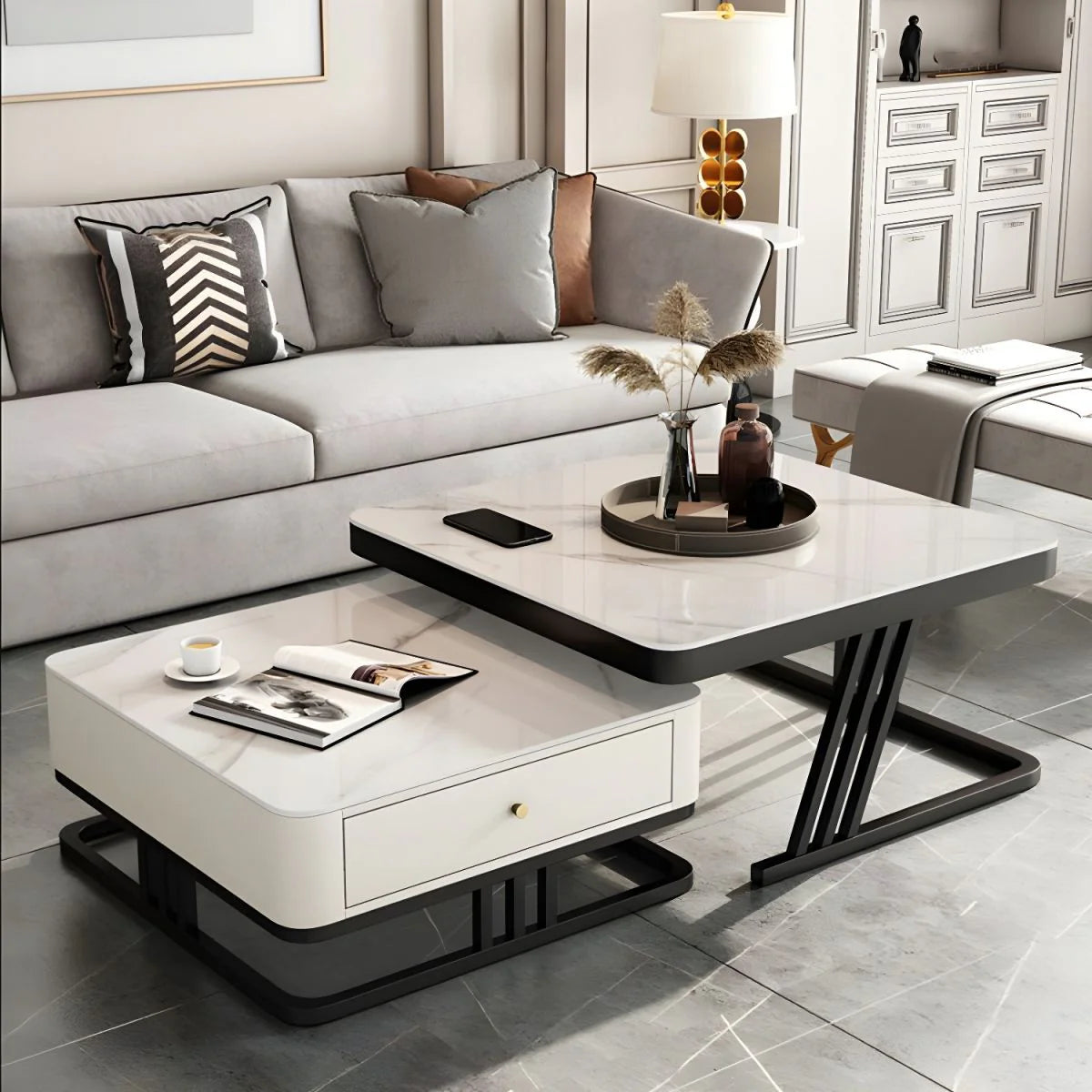 White Marble Finish Nested Coffee Table with Black Geometric Base and Storage Drawer