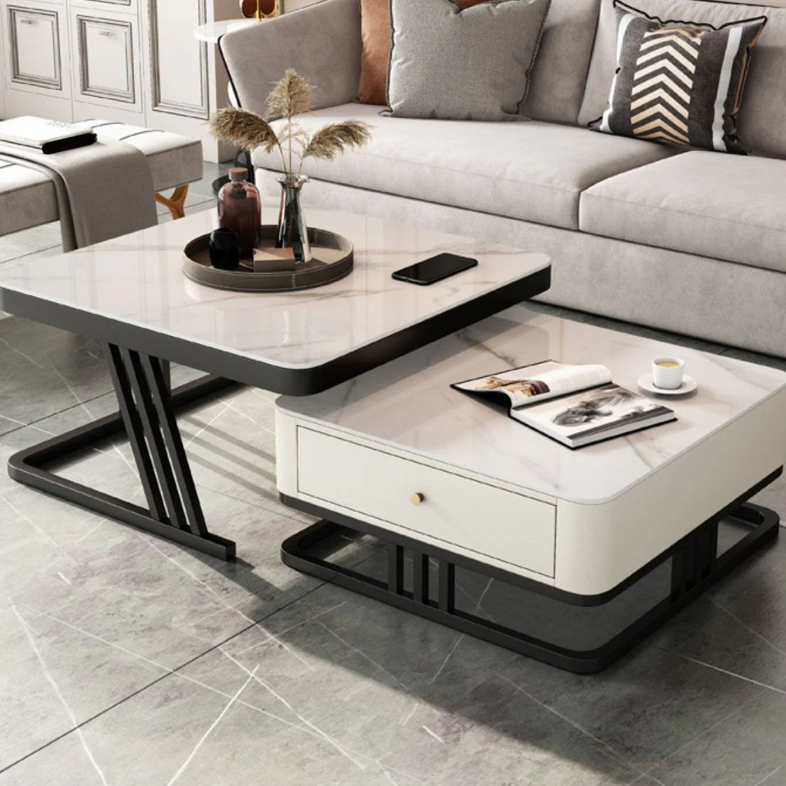 White Marble Finish Nested Coffee Table with Black Geometric Base and Storage Drawer