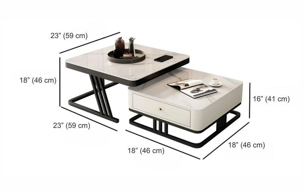 White Marble Finish Nested Coffee Table with Black Geometric Base and Storage Drawer