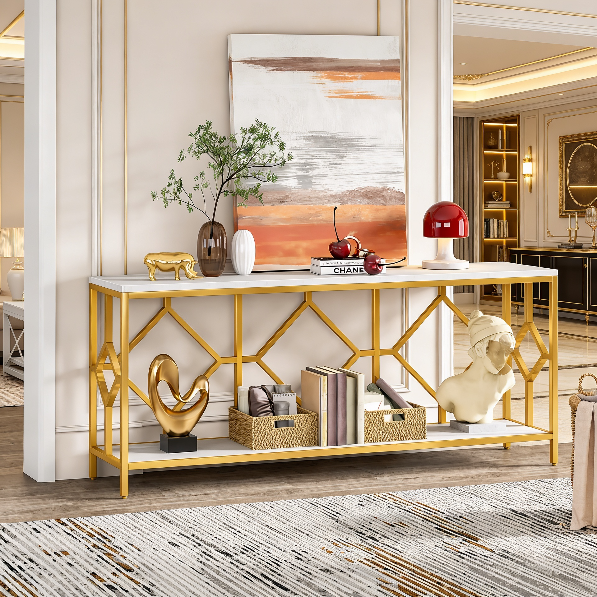 Extra Long White Gold Durable Marble 2 Tier Console Table