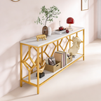 Extra Long White Gold Durable Marble 2 Tier Console Table