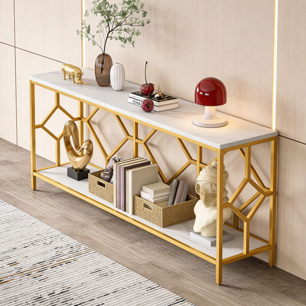 Extra Long White Gold Durable Marble 2 Tier Console Table