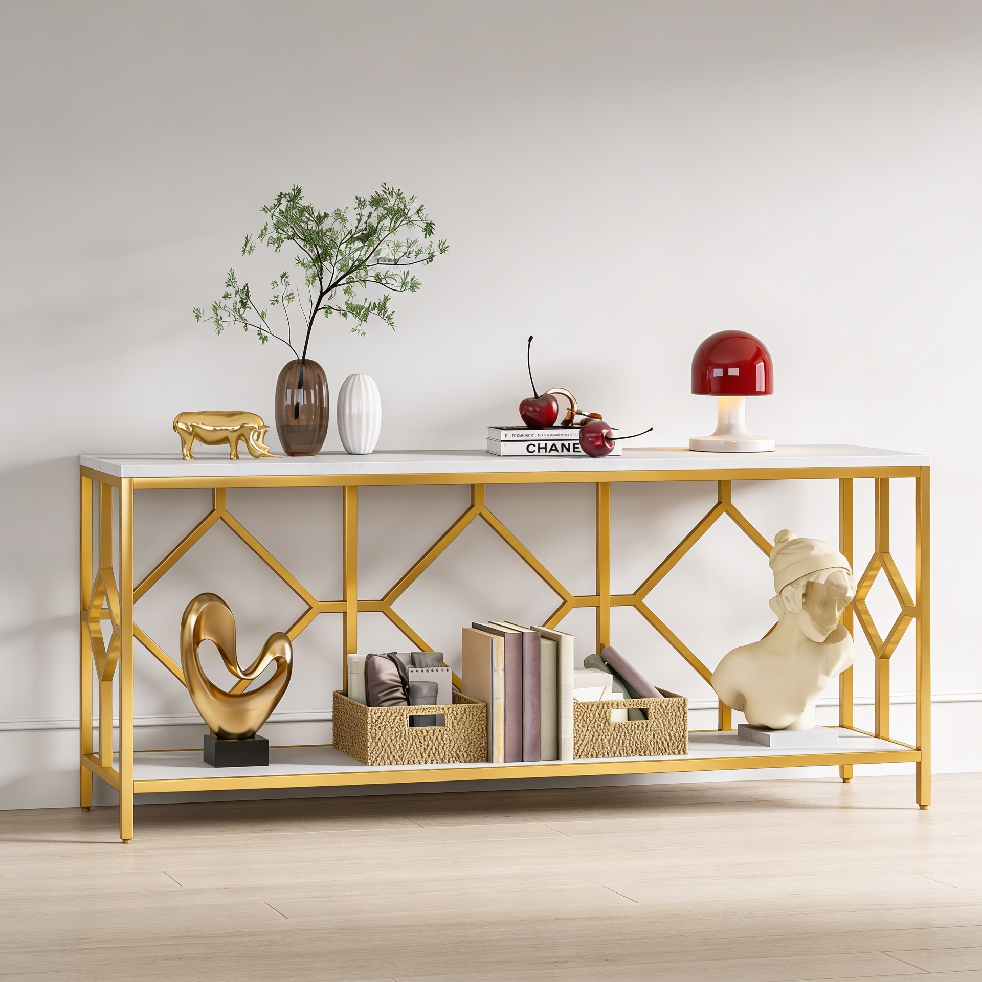 Extra Long White Gold Durable Marble 2 Tier Console Table