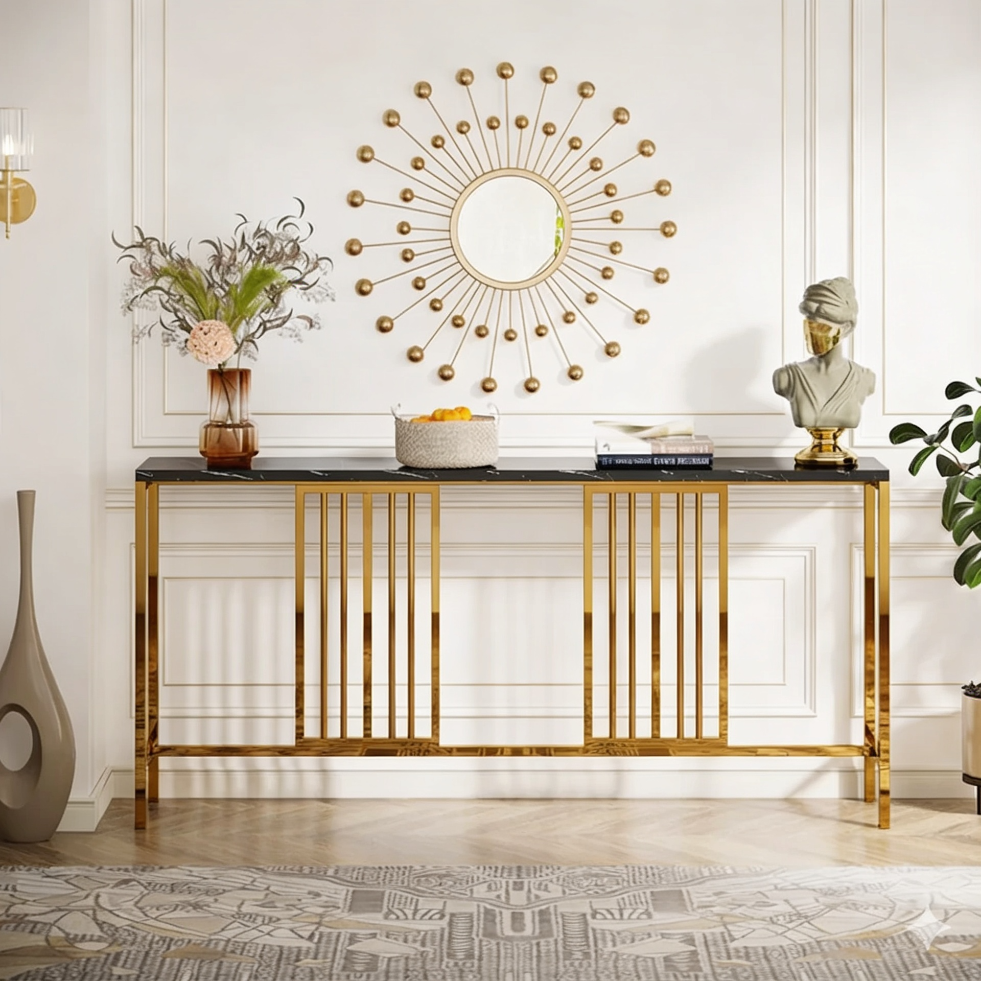 Narrow Long Faux Black Marble Gold Console Table