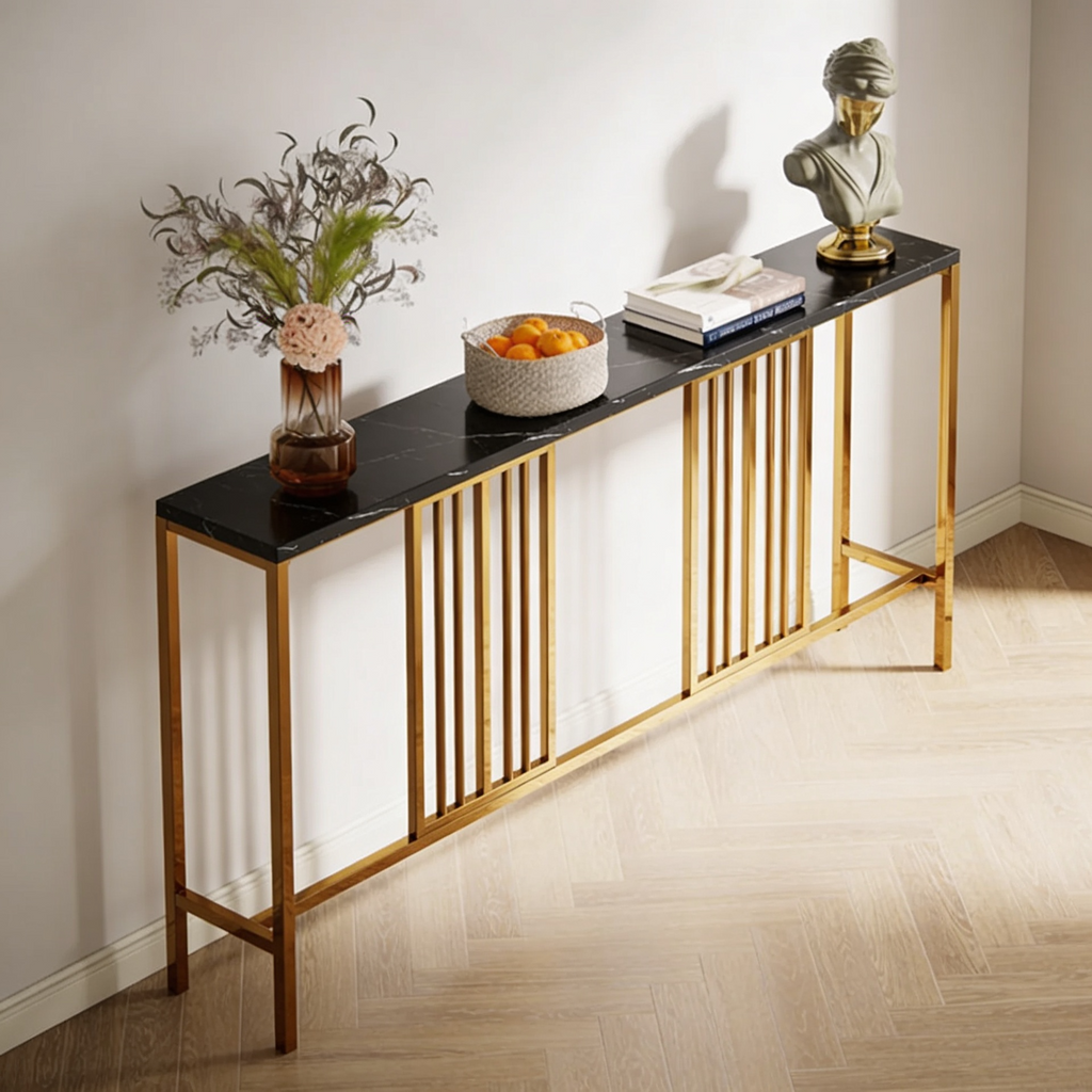 Narrow Long Faux Black Marble Gold Console Table