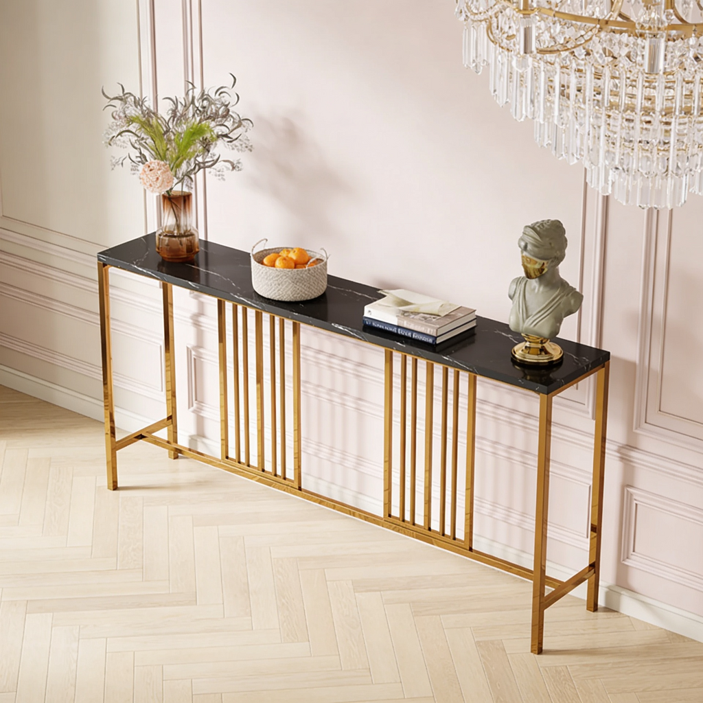 Narrow Long Faux Black Marble Gold Console Table