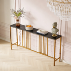 Narrow Long Faux Black Marble Gold Console Table