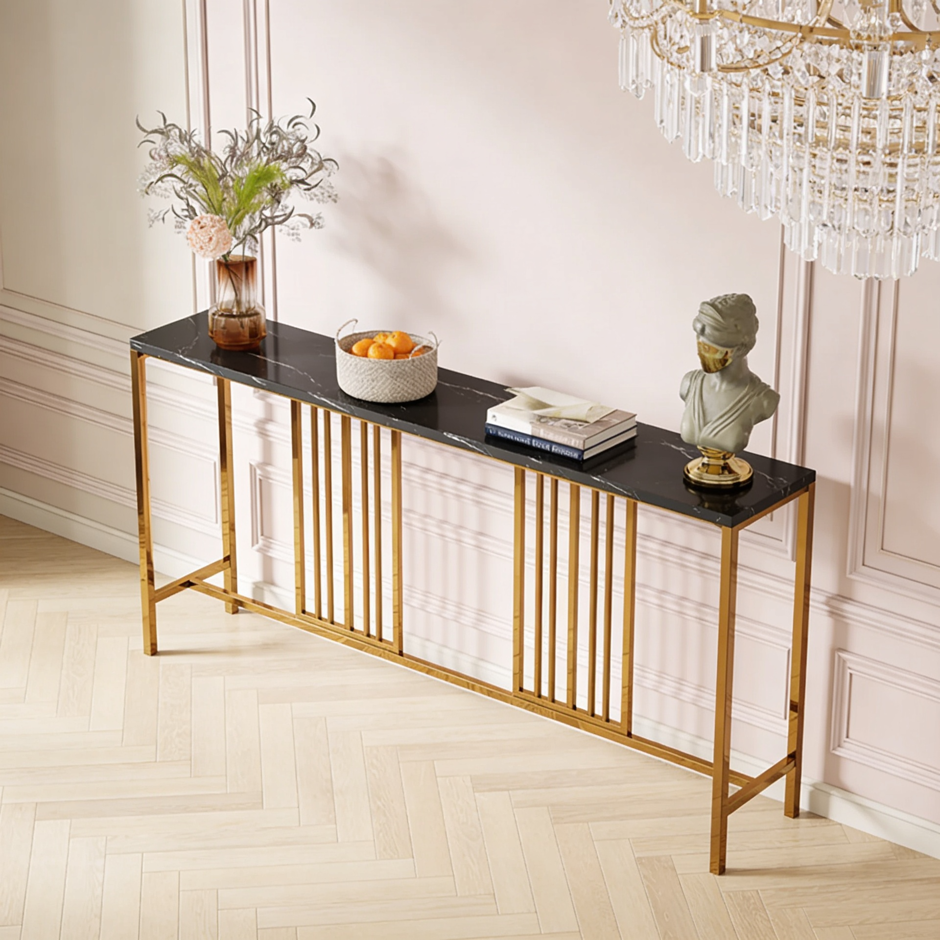Narrow Long Faux Black Marble Gold Console Table