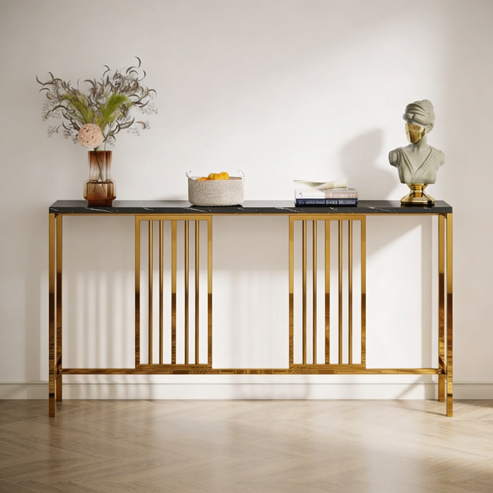 Narrow Long Faux Black Marble Gold Console Table