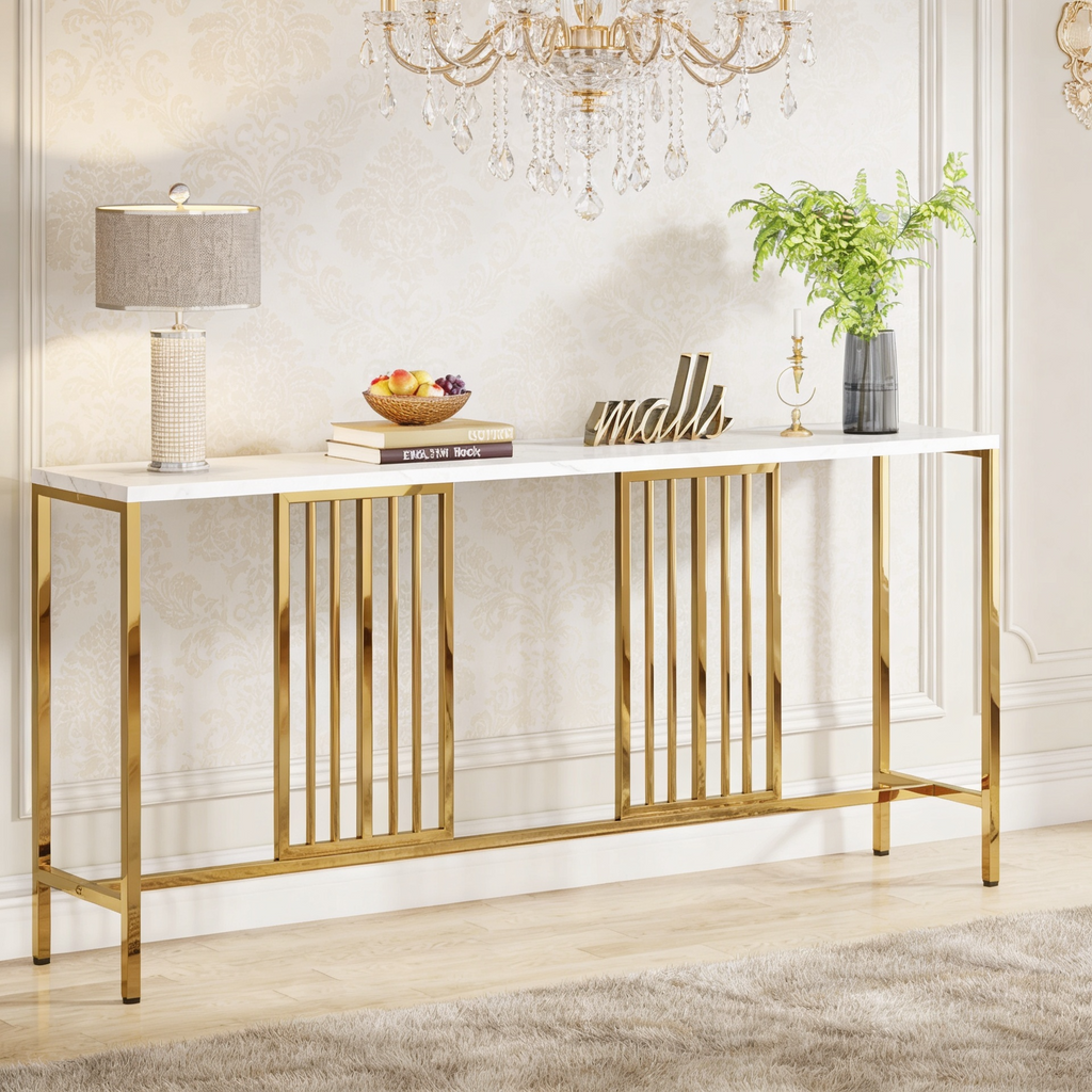 Narrow Long Faux White Marble Gold Console Table