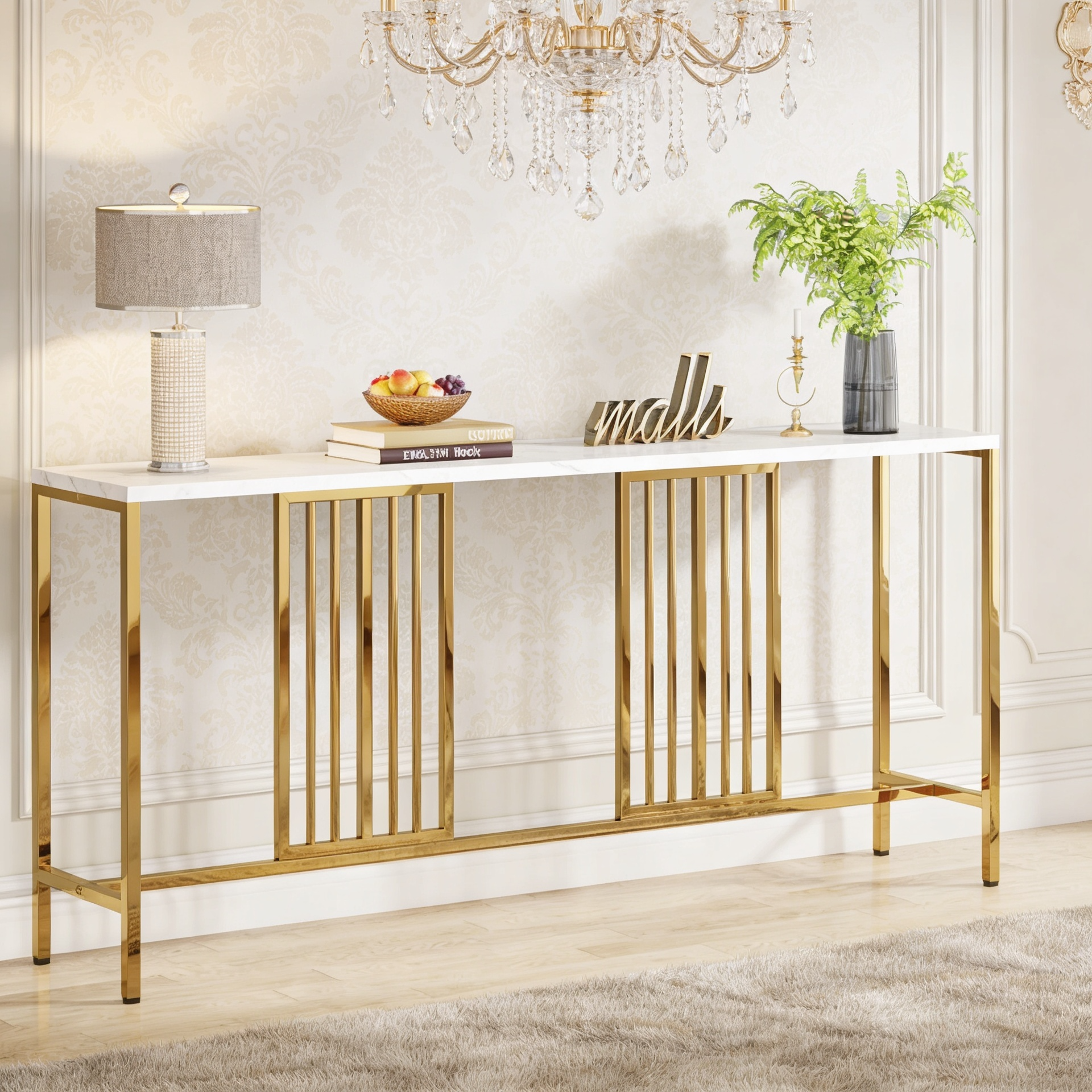 Narrow Long Faux White Marble Gold Console Table
