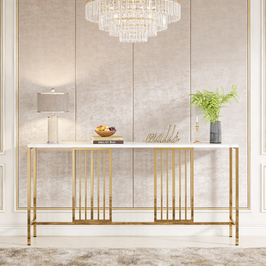 Narrow Long Faux White Marble Gold Console Table