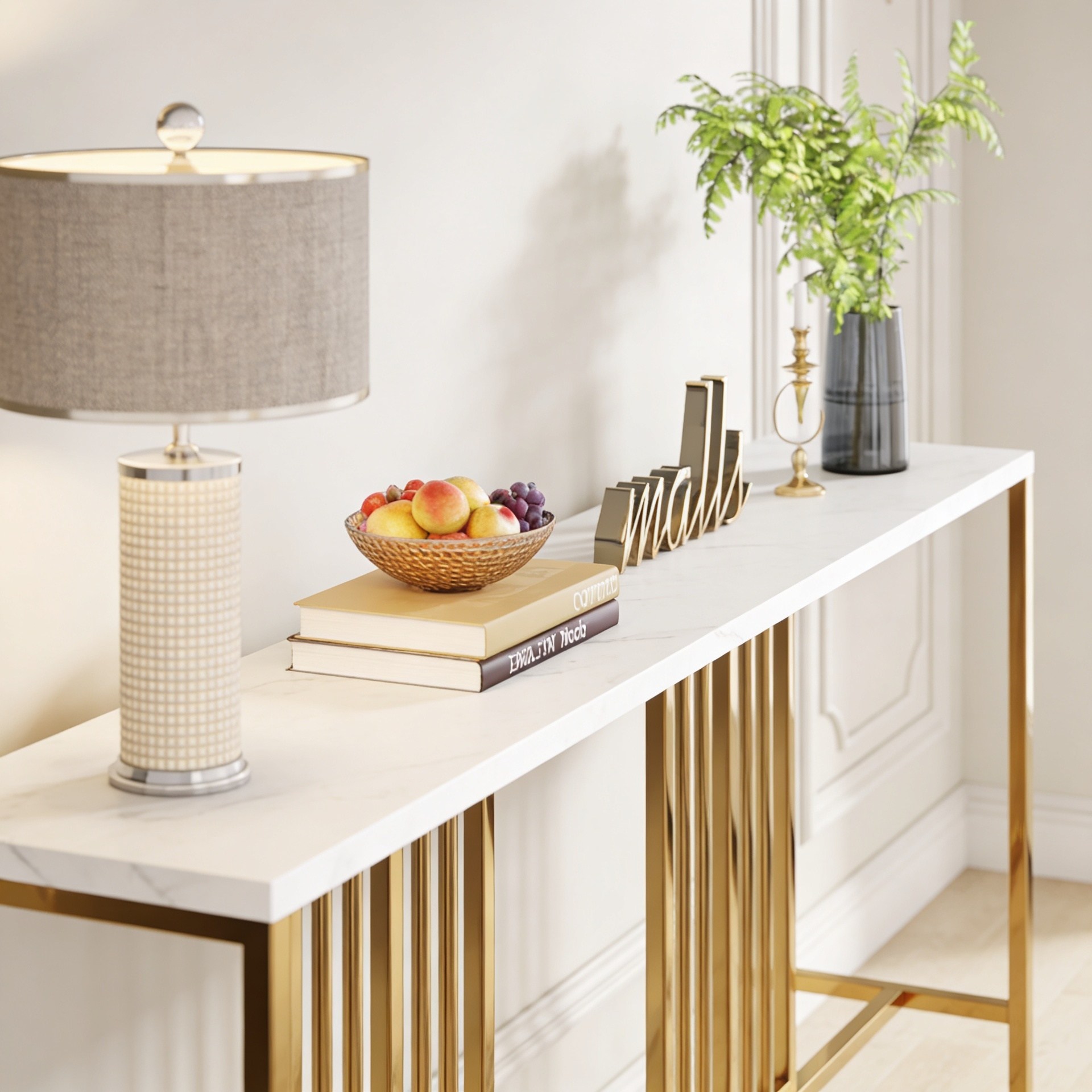 Narrow Long Faux White Marble Gold Console Table