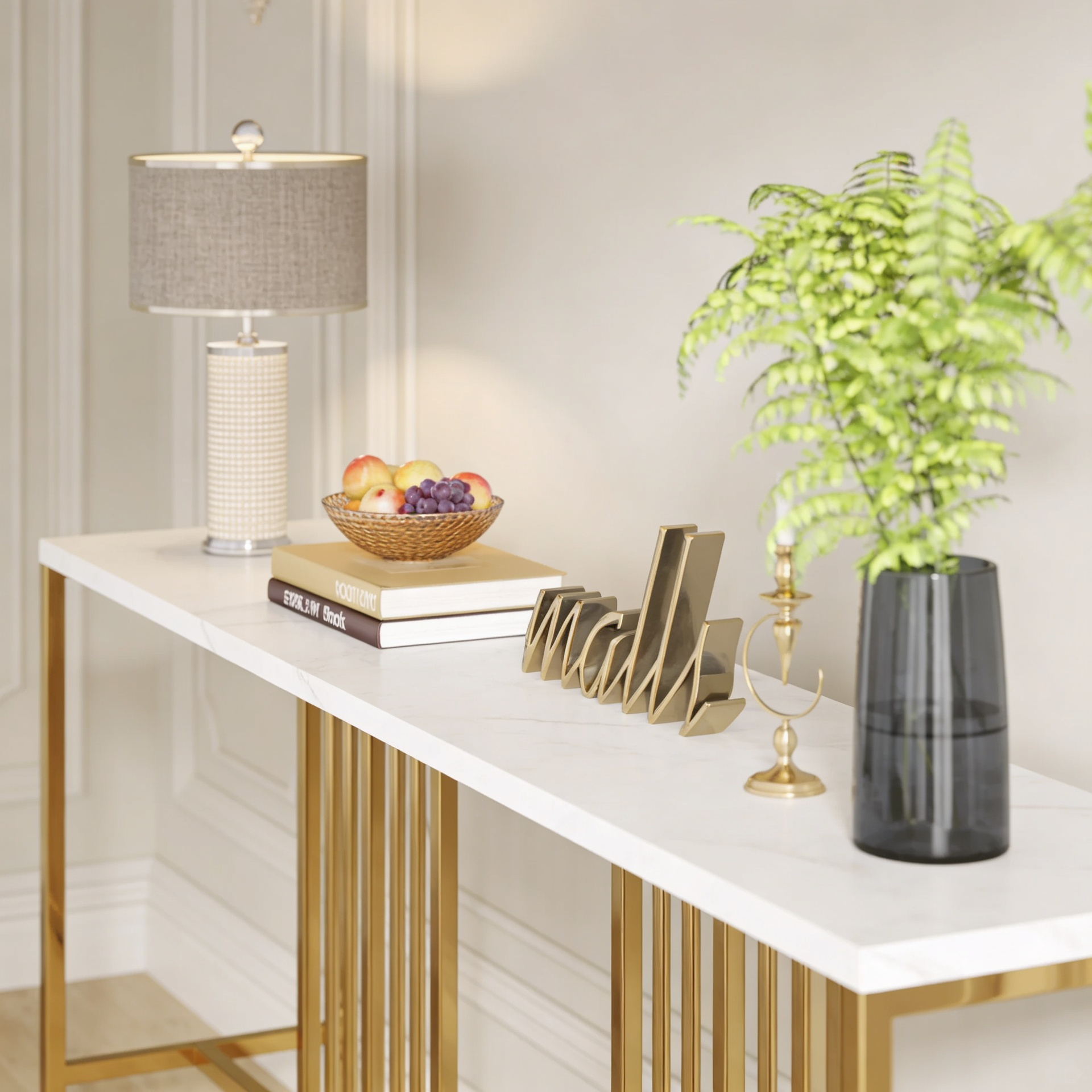 Narrow Long Faux White Marble Gold Console Table