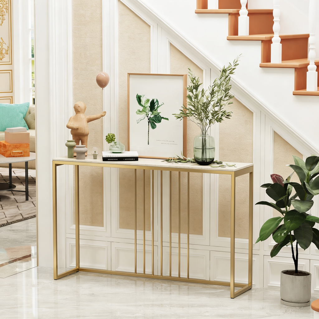 Golden Metallic Rectangular Shaped Black Marble Designer Console Table