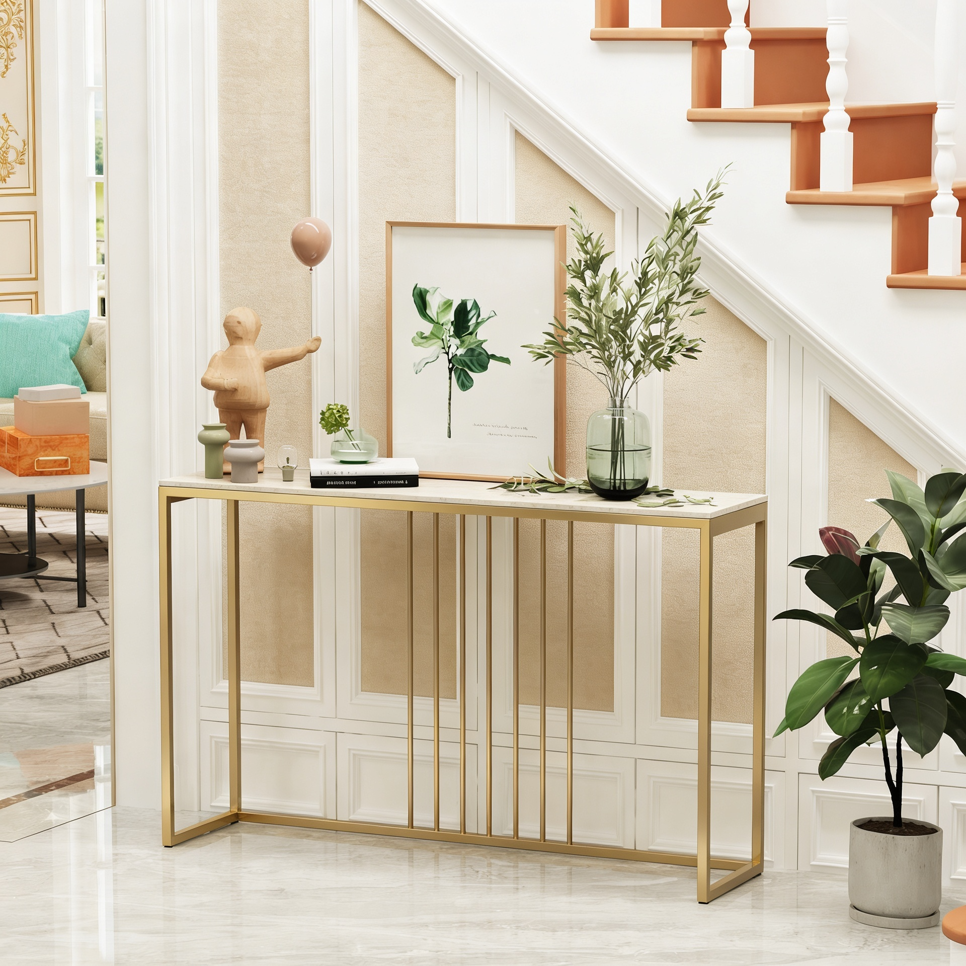 Golden Metallic Rectangular Shaped Black Marble Designer Console Table