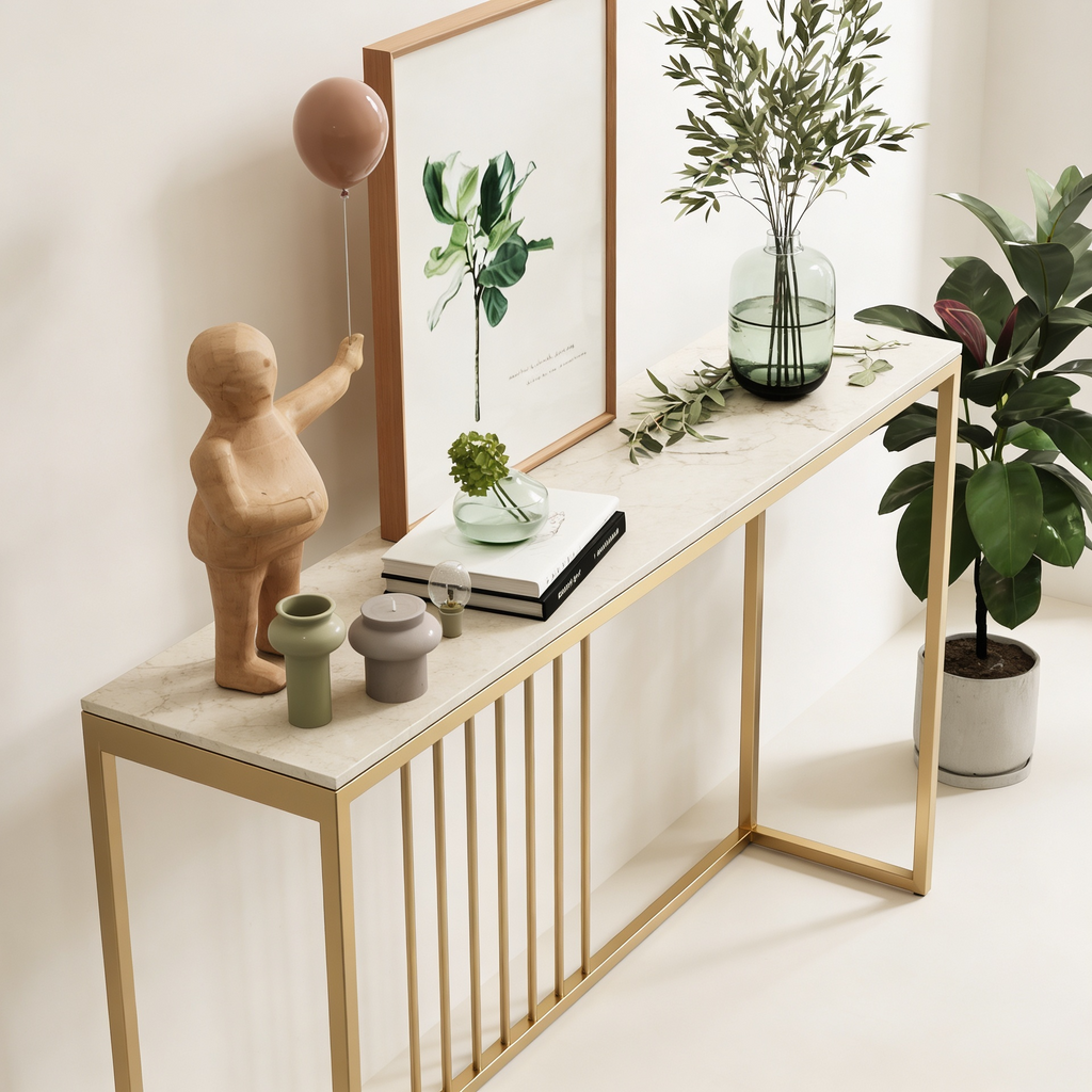 Golden Metallic Rectangular Shaped Black Marble Designer Console Table