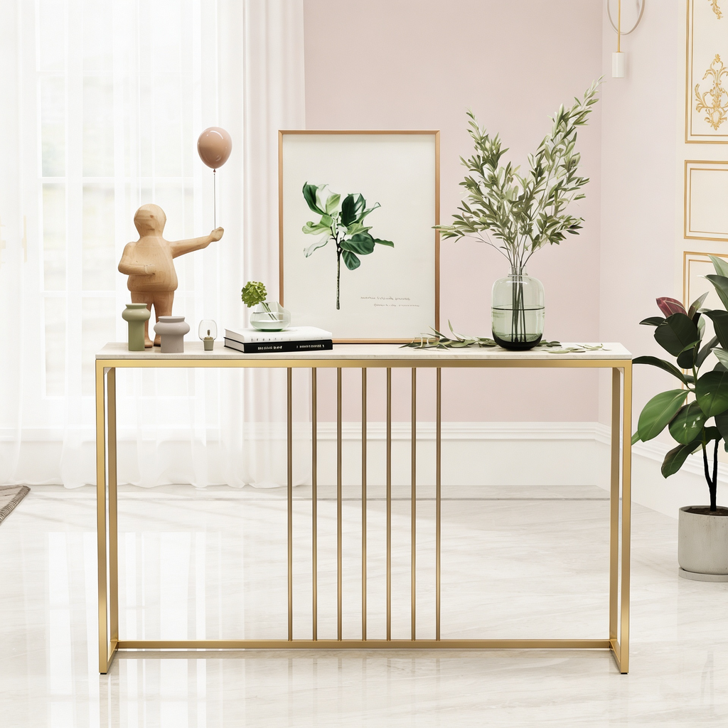 Golden Metallic Rectangular Shaped Black Marble Designer Console Table
