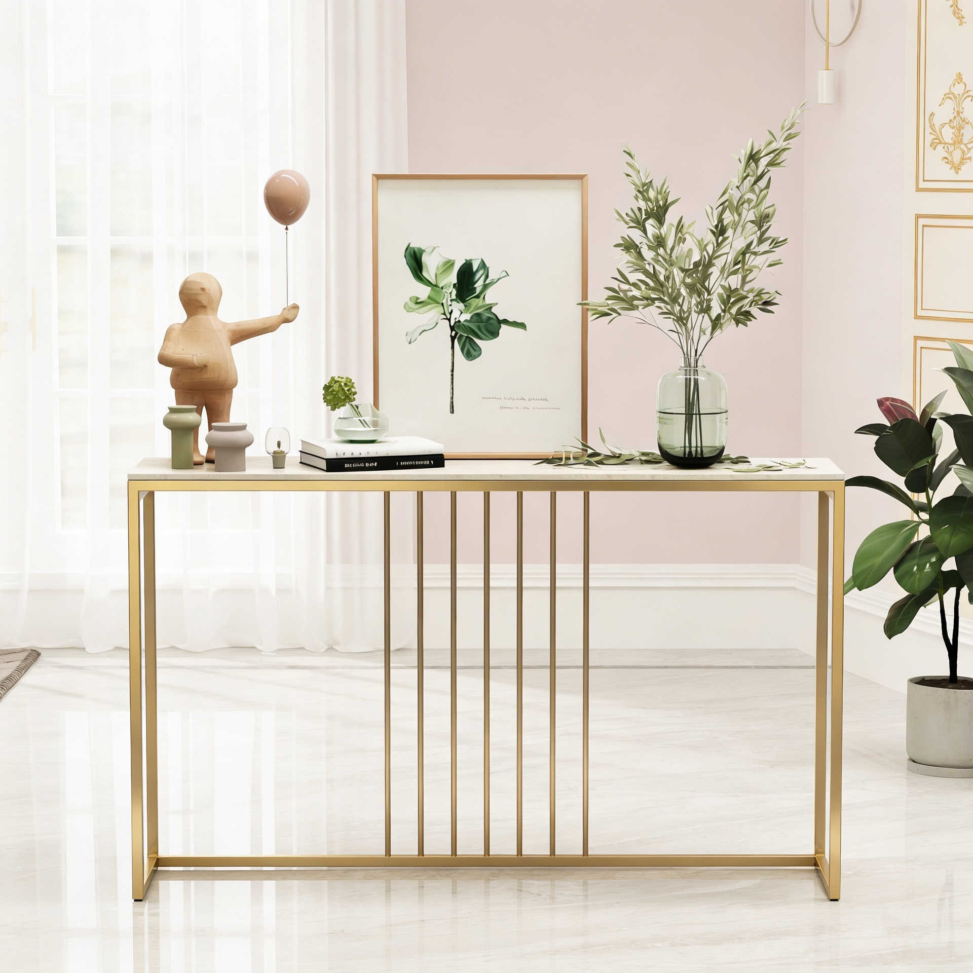 Golden Metallic Rectangular Shaped Black Marble Designer Console Table