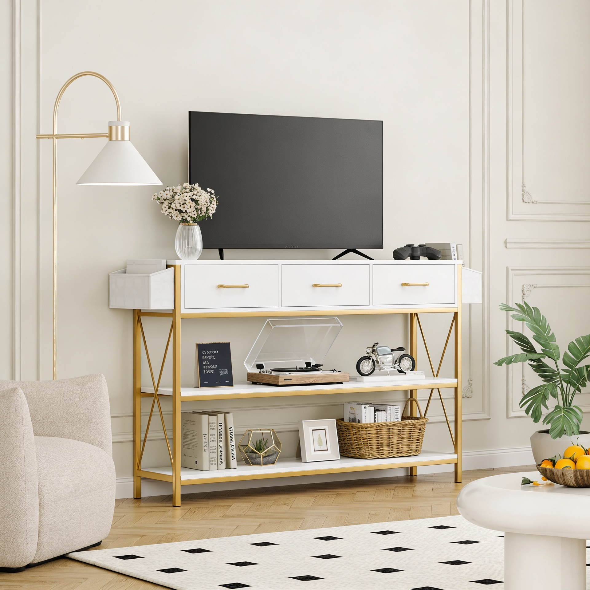 Three Drawer White Gold Engineered Wood Console Table