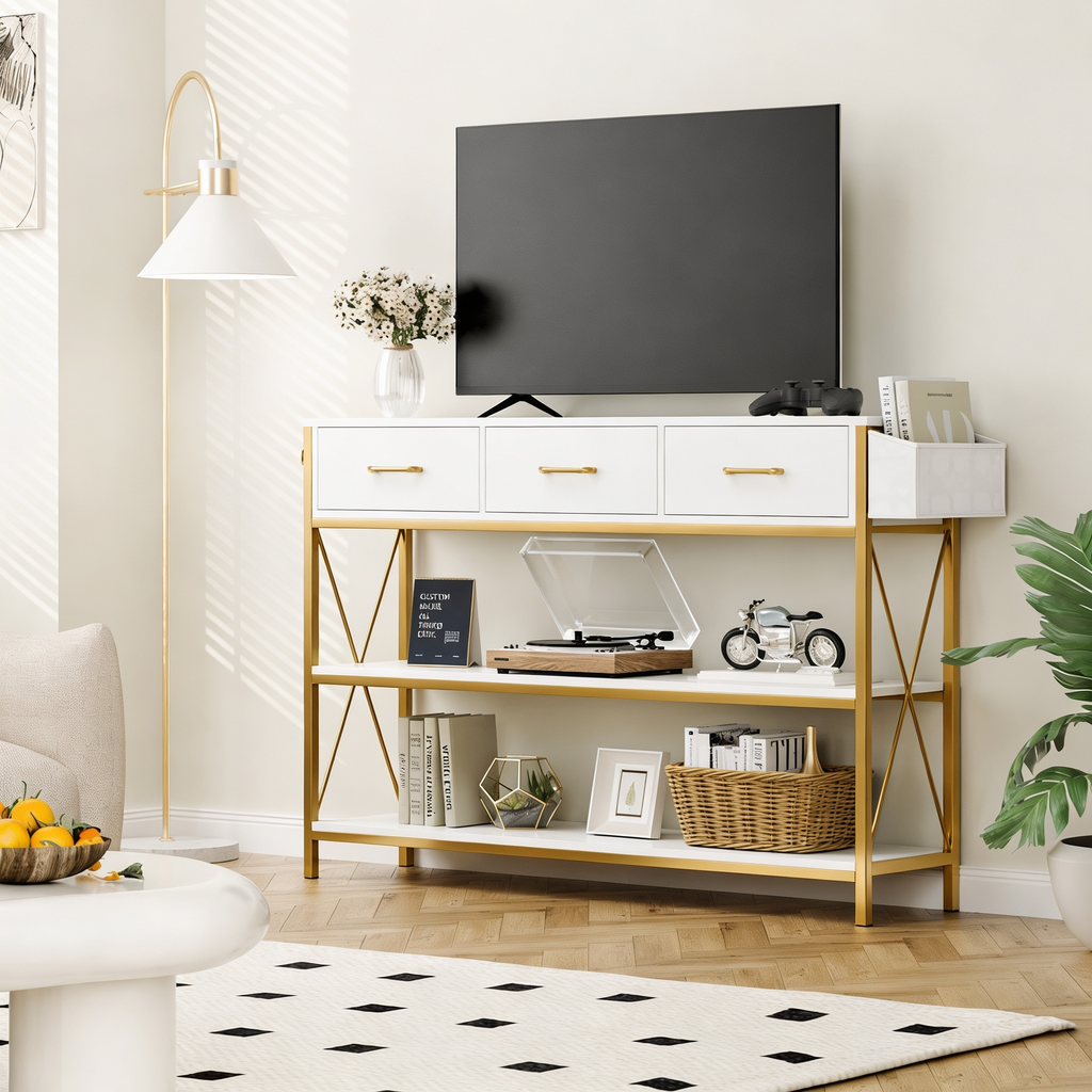 Three Drawer White Gold Engineered Wood Console Table