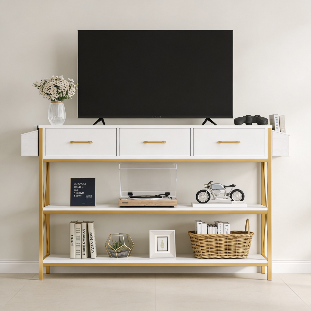 Three Drawer White Gold Engineered Wood Console Table