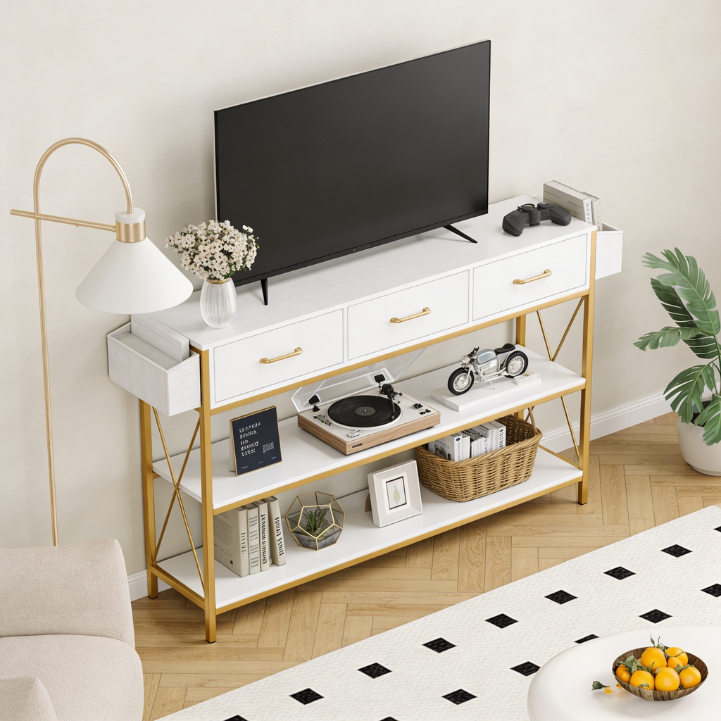 Three Drawer White Gold Engineered Wood Console Table