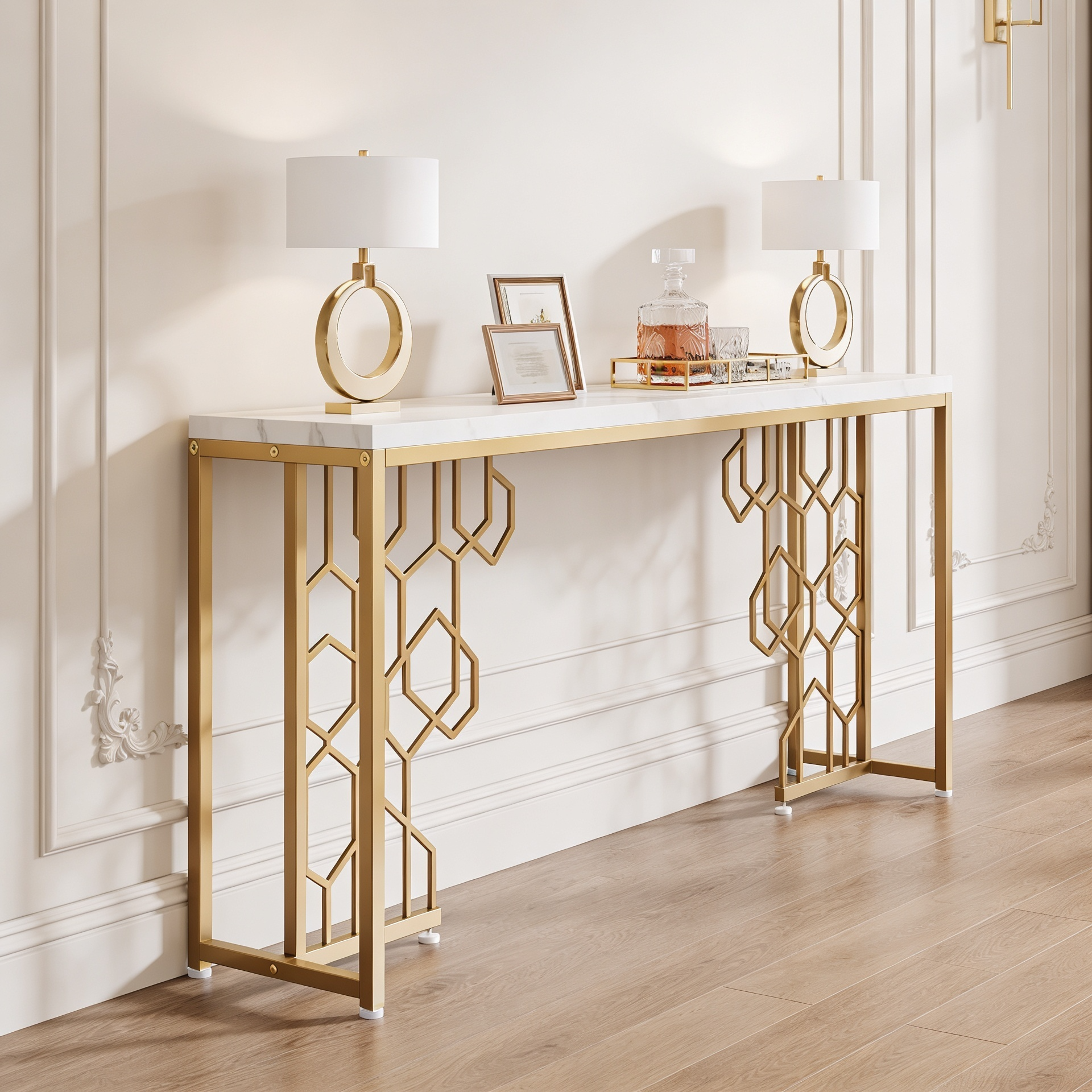 Exquisite Geometric White Faux Marble Robust And Enduring Frame Console Table