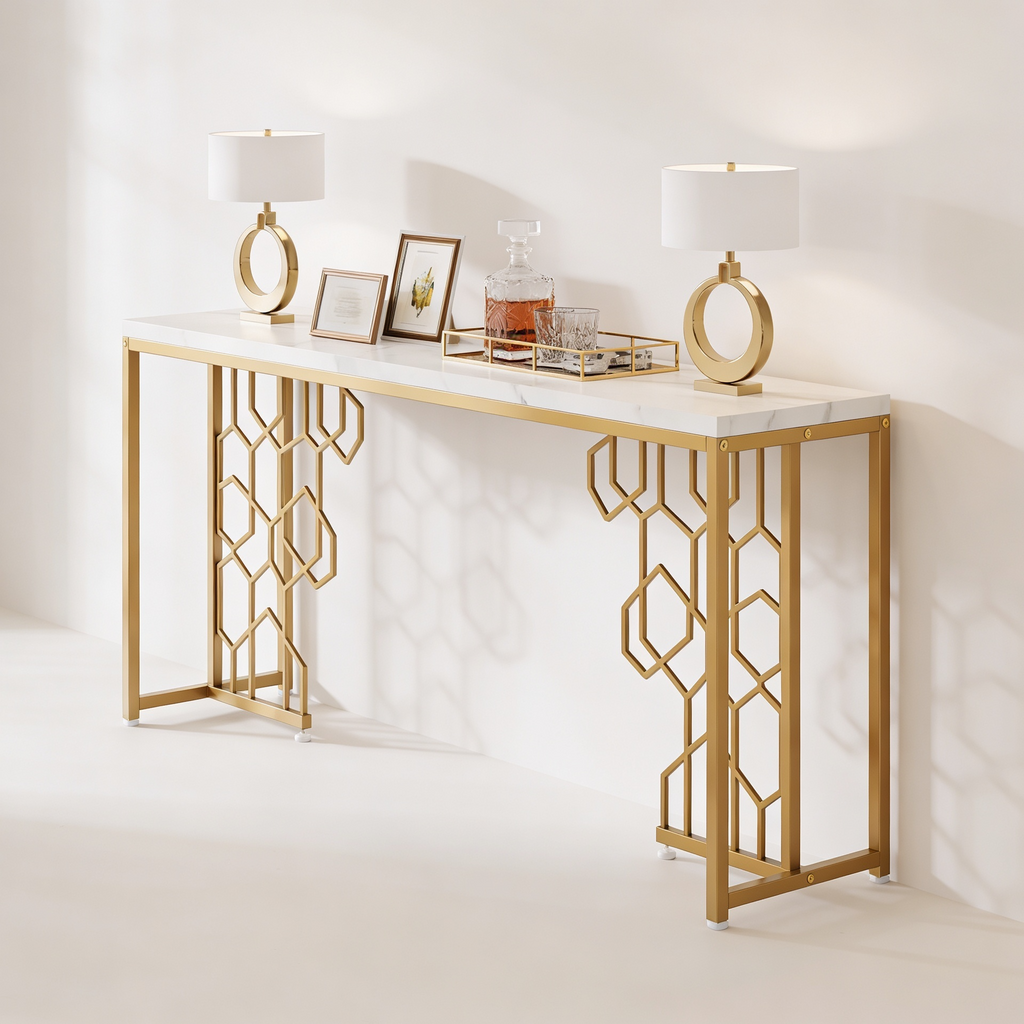 Exquisite Geometric White Faux Marble Robust And Enduring Frame Console Table