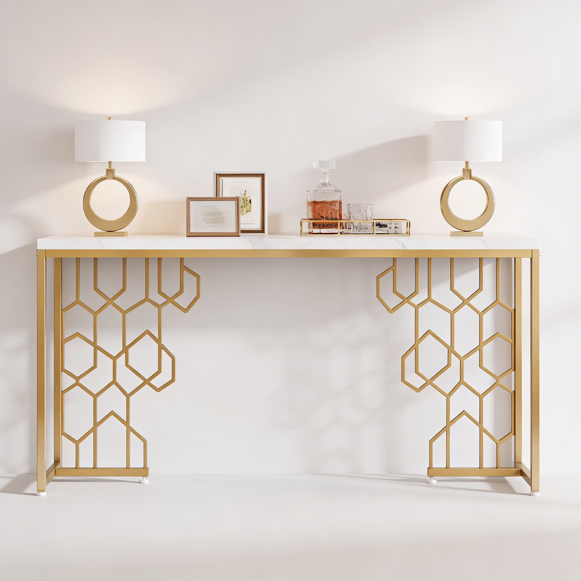 Exquisite Geometric White Faux Marble Robust And Enduring Frame Console Table