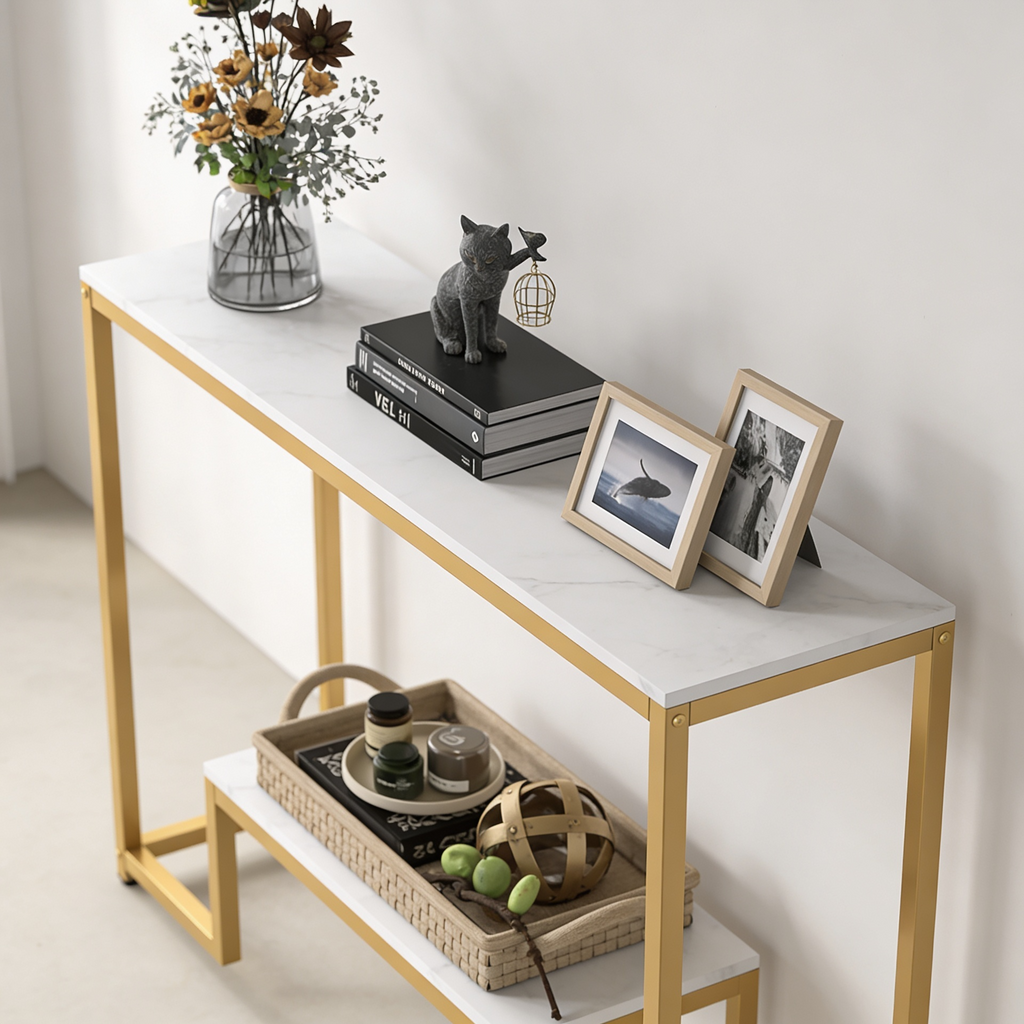 Two-Tier White Marble Gold Console Table