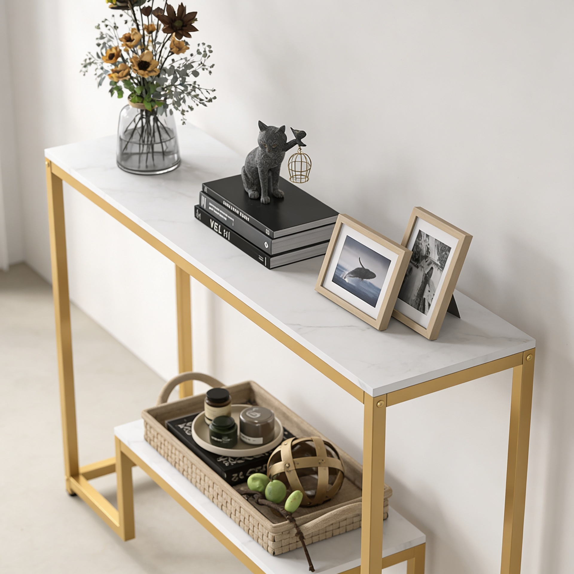 Two-Tier White Marble Gold Console Table