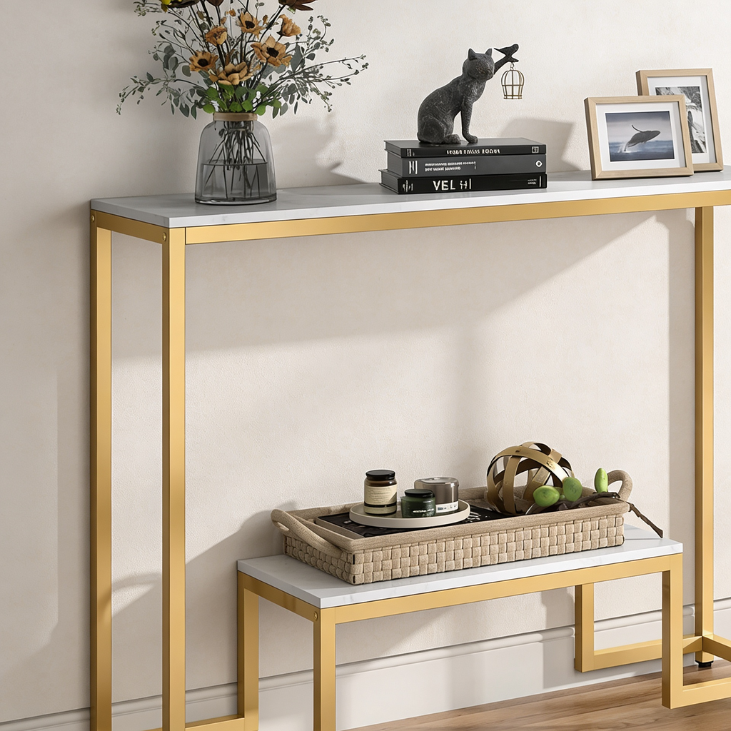 Two-Tier White Marble Gold Console Table