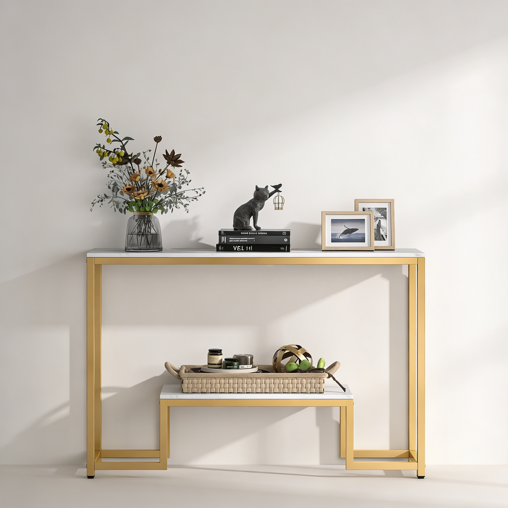 Two-Tier White Marble Gold Console Table