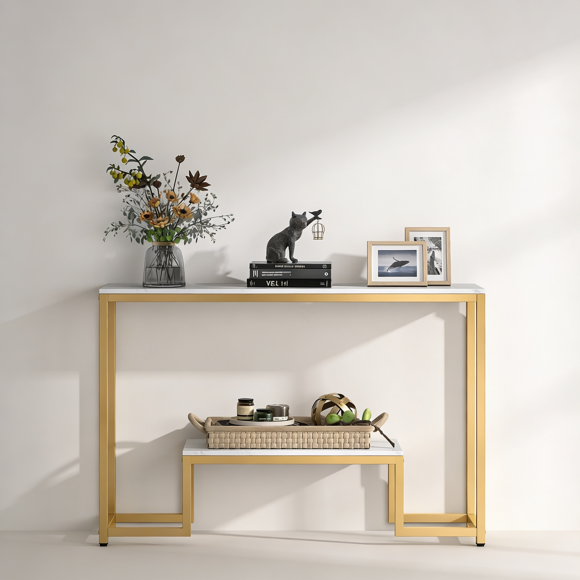 Two-Tier White Marble Gold Console Table