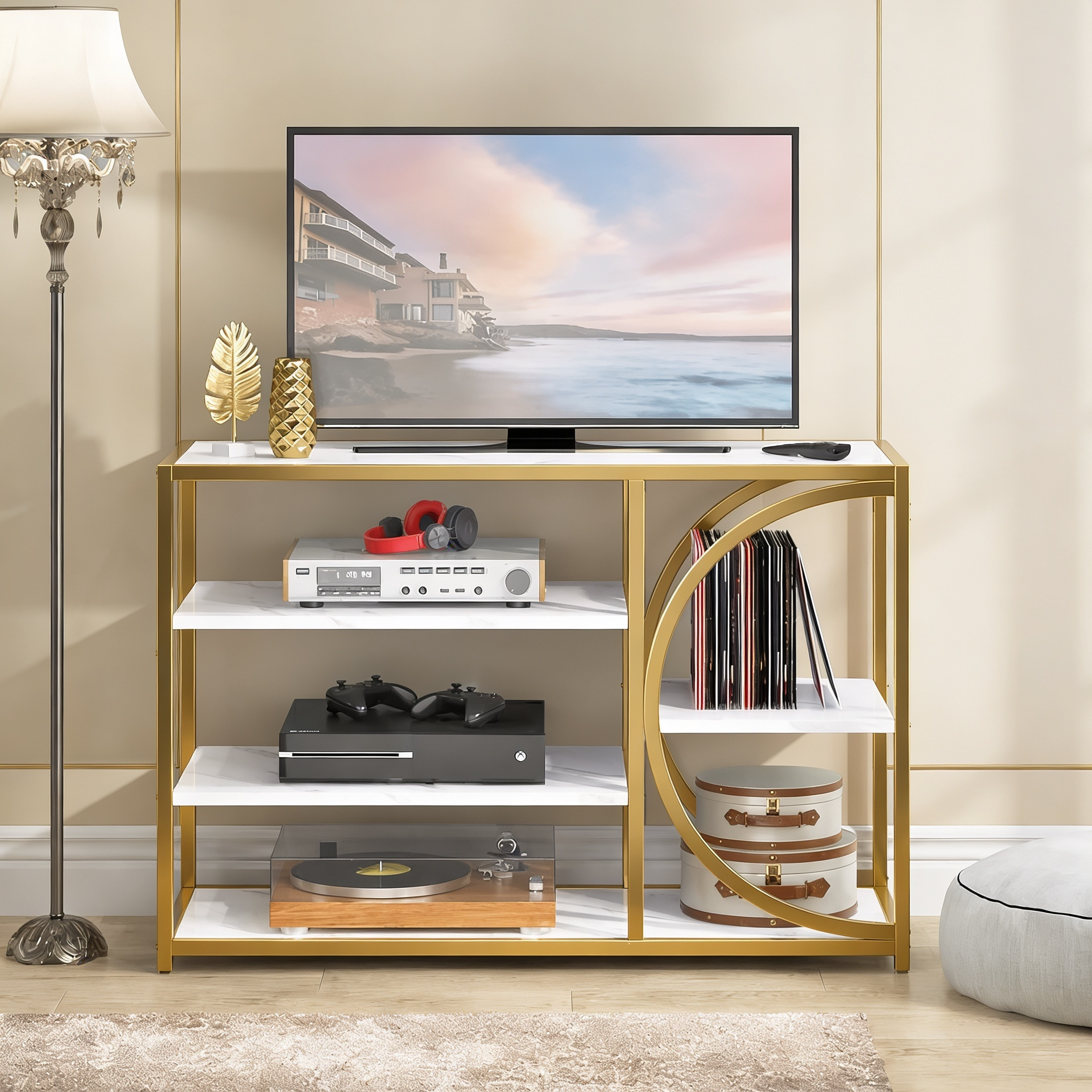 Five-Tier White Marble Black Console Table
