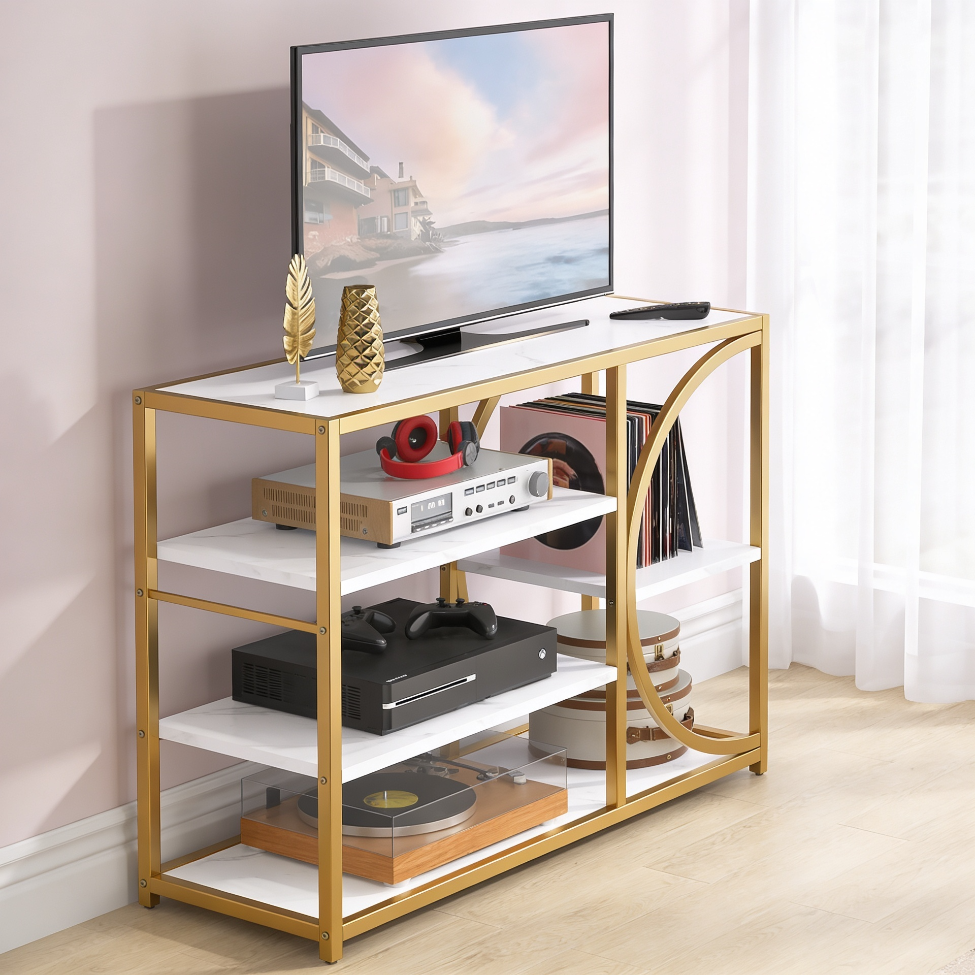 Five-Tier White Marble Black Console Table