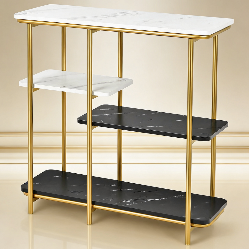 Two Different Colored Surfaces Four-Tier White & Black Marble Gold Console Table