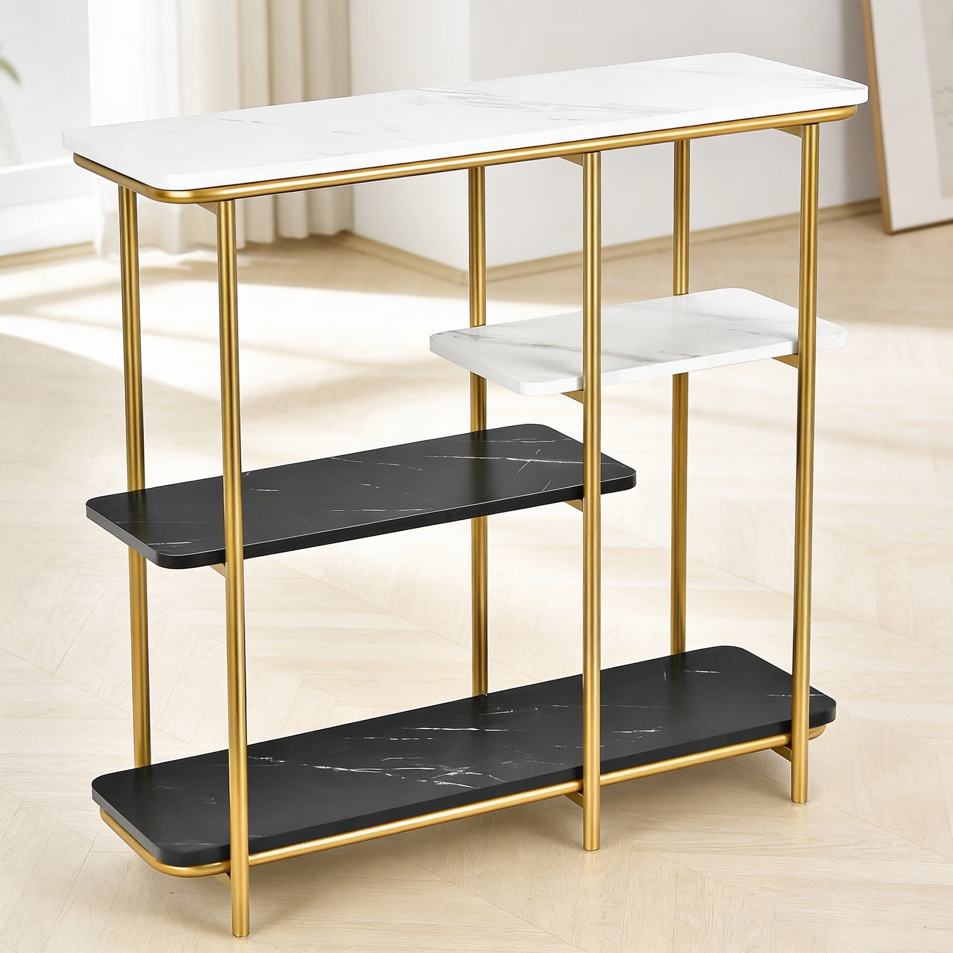 Two Different Colored Surfaces Four-Tier White & Black Marble Gold Console Table